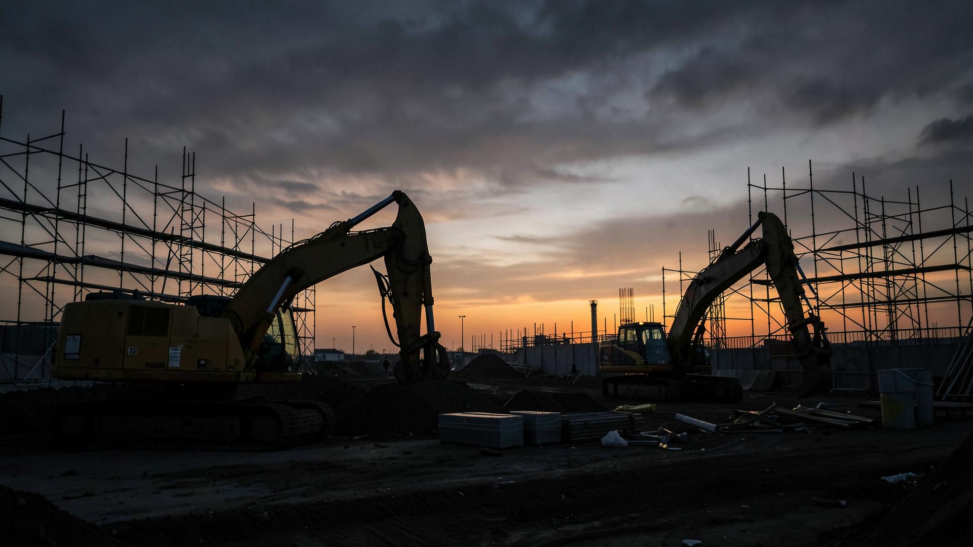 Excavators and scaffolding on a civils construction site at dusk