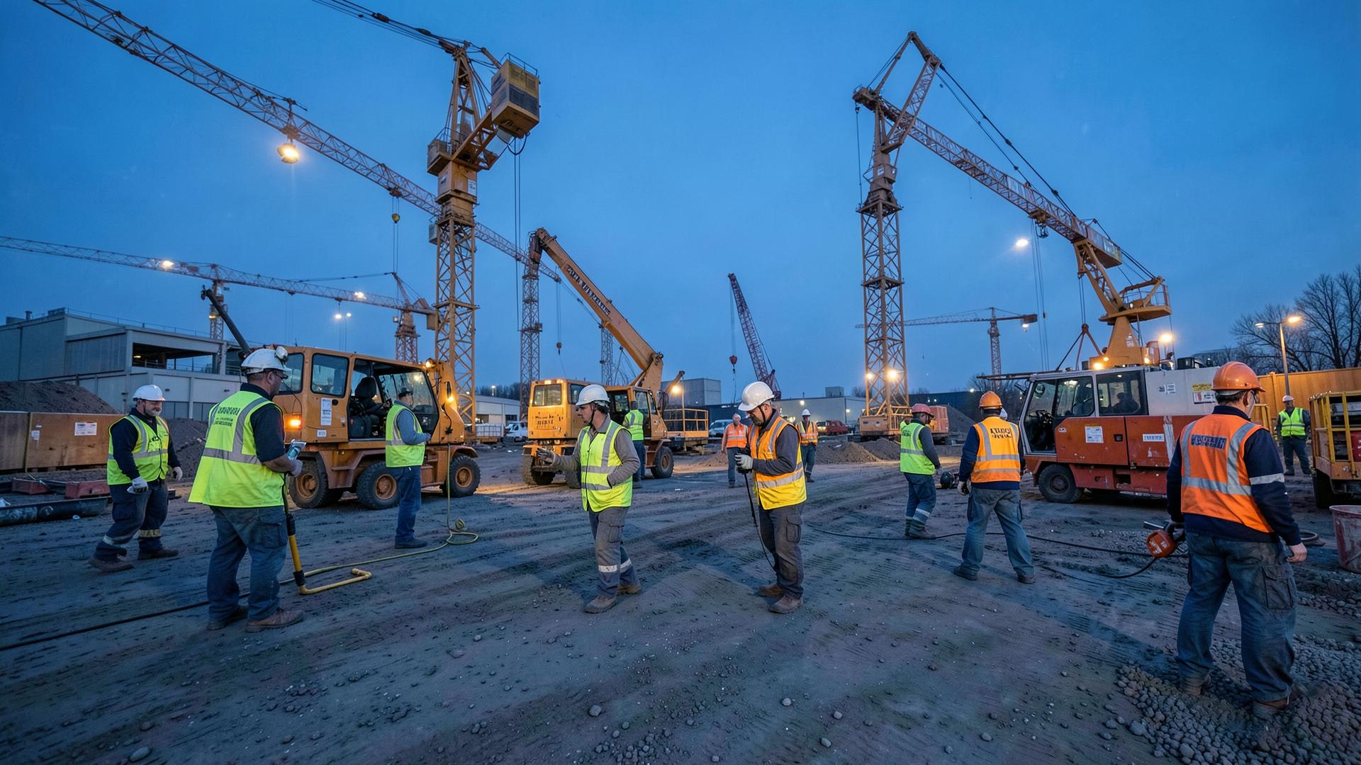 Construction workers and tower cranes on an industrial site